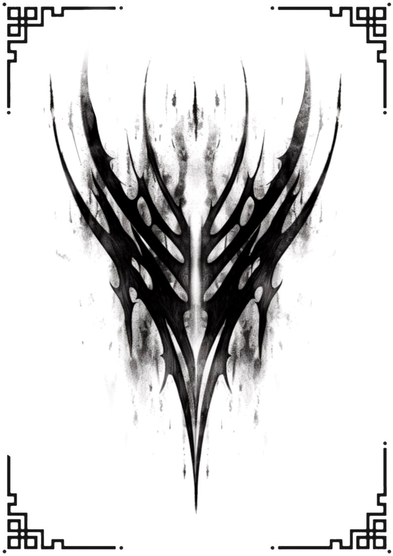 May include: Black and white abstract design with sharp, jagged edges and a pointed bottom. The design is symmetrical and has a dark, gothic aesthetic.
