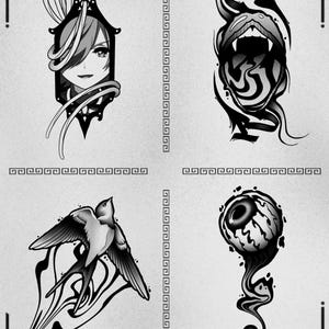 May include: Black and white tattoo flash sheet with four designs. Includes a stylized face, a snarling mouth, a swallow in flight, and a detailed eyeball. The text "EXAMPLES YOU CAN FIND IN THIS PACK" is at the top.