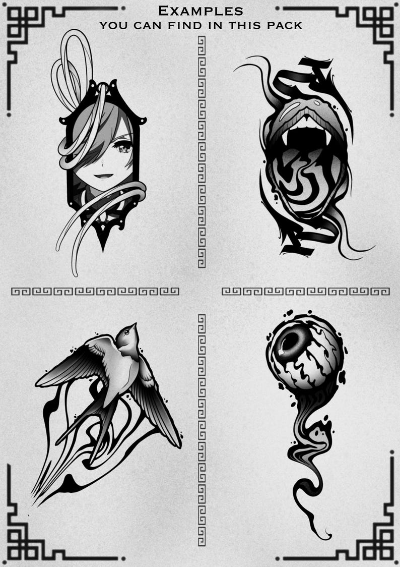 May include: Black and white tattoo flash sheet with four designs. Includes a stylized face, a snarling mouth, a swallow in flight, and a detailed eyeball. The text "EXAMPLES YOU CAN FIND IN THIS PACK" is at the top.