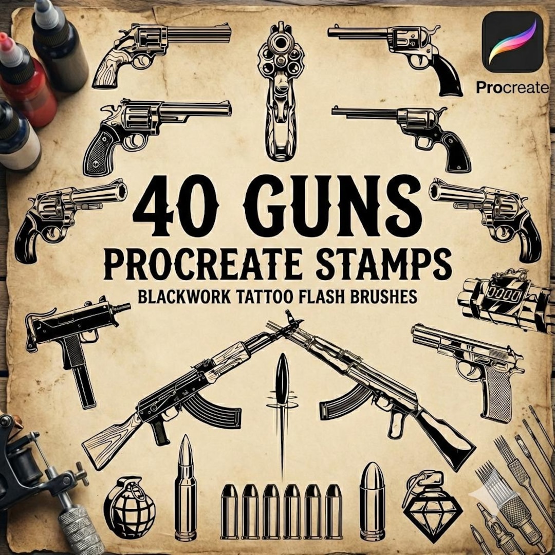 40 Procreate Gun Stamps | Blackwork Tattoo Flash Bundle - Etsy
