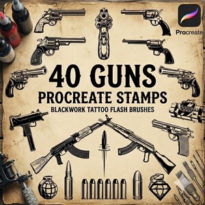 40 Procreate Gun Stamps | Blackwork Tattoo Flash Bundle