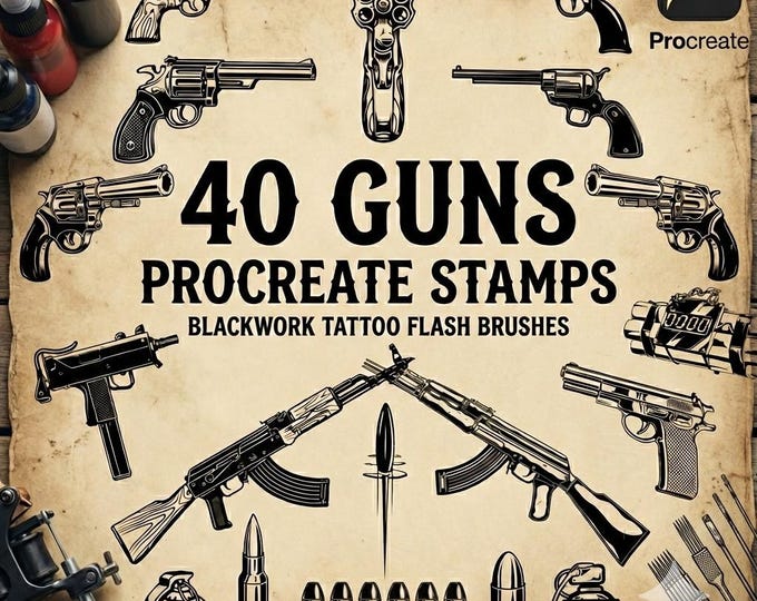 40 Procreate Gun Stamps | Blackwork Tattoo Flash Bundle