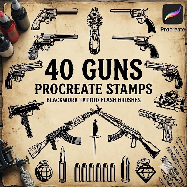40 Procreate Gun Stamps | Blackwork Tattoo Flash Bundle - Etsy