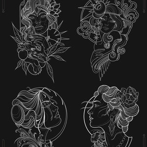 May include: Four black and white line art illustrations of women's faces. The first image shows a woman with a fox, the second shows a woman with a crescent moon and stars, the third shows a woman with her eyes closed, and the fourth shows a woman with a flower in her hair.