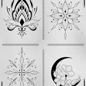 May include: Four black and white stencil designs on a gray background. The designs include a stylized flower, a snowflake, a crescent moon with flowers, and another snowflake.