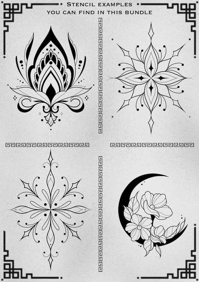 May include: Four black and white stencil designs on a gray background. The designs include a stylized flower, a snowflake, a crescent moon with flowers, and another snowflake.