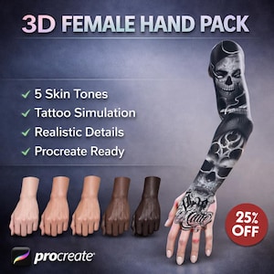Procreate 3D Female Hand Model | Realistic Tattoo Simulation Mockup | 5 Skin Tones | Tattoo Artist Tool | Instant Download image 1