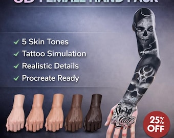 Procreate 3D Female Hand Model | Realistic Tattoo Simulation Mockup | 5 Skin Tones | Tattoo Artist Tool | Instant Download