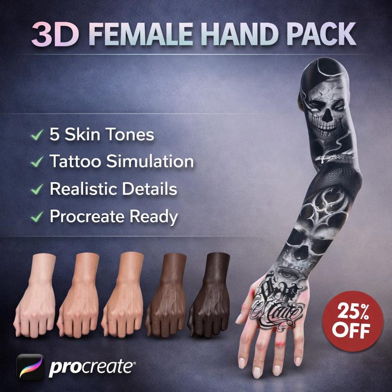 Procreate 3D Female Hand Model | Realistic Tattoo Simulation Mockup | 5 Skin Tones | Tattoo Artist Tool | Instant Download image 1