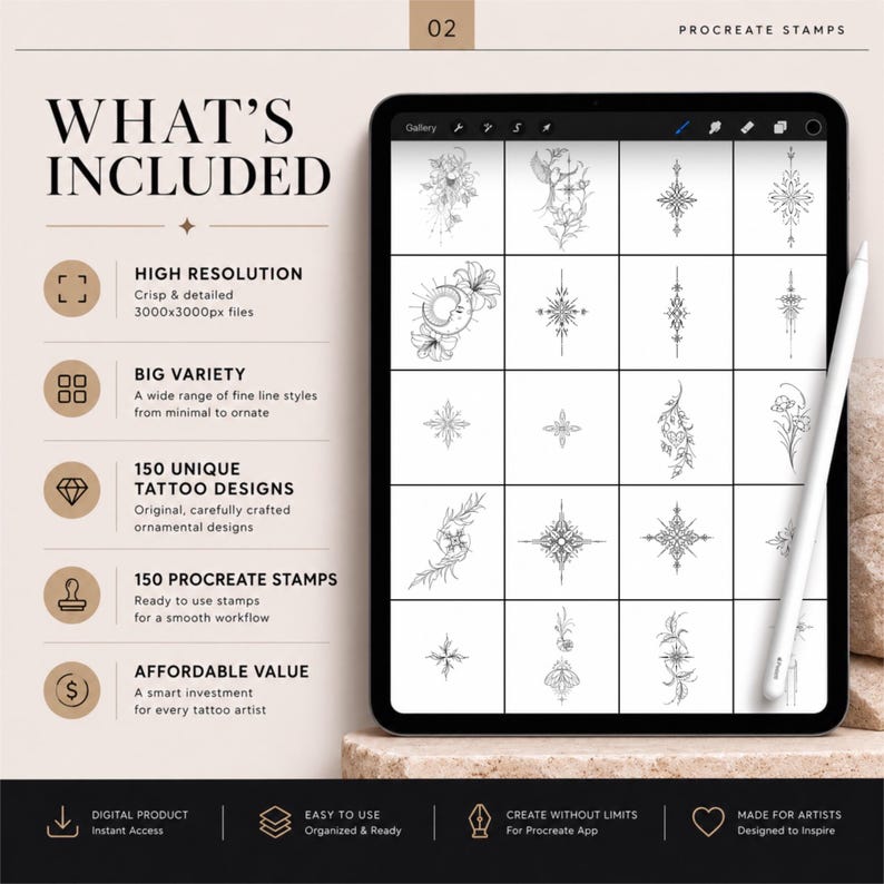 May include: A digital art product displayed on a tablet, featuring 150 unique tattoo designs and Procreate stamps. The screen shows various black and white ornamental designs. The text includes "What's Included" and "High Resolution". A stylus rests on the side.