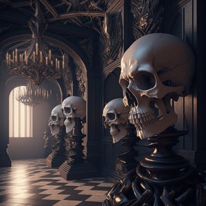 May include: A dark, gothic-inspired room with a chandelier and four white skull sculptures on pedestals. The skulls are arranged in a row, with the largest skull in the foreground.