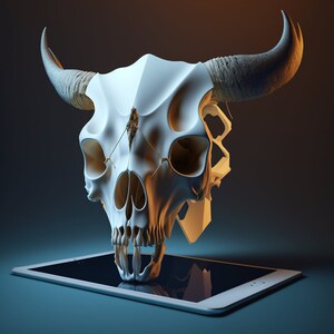 May include: A white bull skull with horns, set against a dark background, is reflected in the screen of a tablet computer.