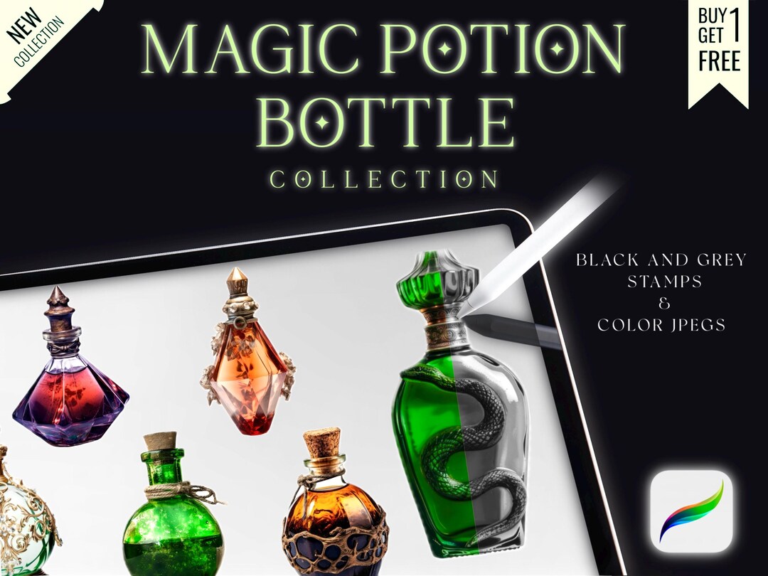 20 diseños de tatuajes de botellas de poción para Procreate (negro y gris)  + Flash de tatuaje a todo color / Sellos para Procreate / Paquete de ..., image size:1080x810