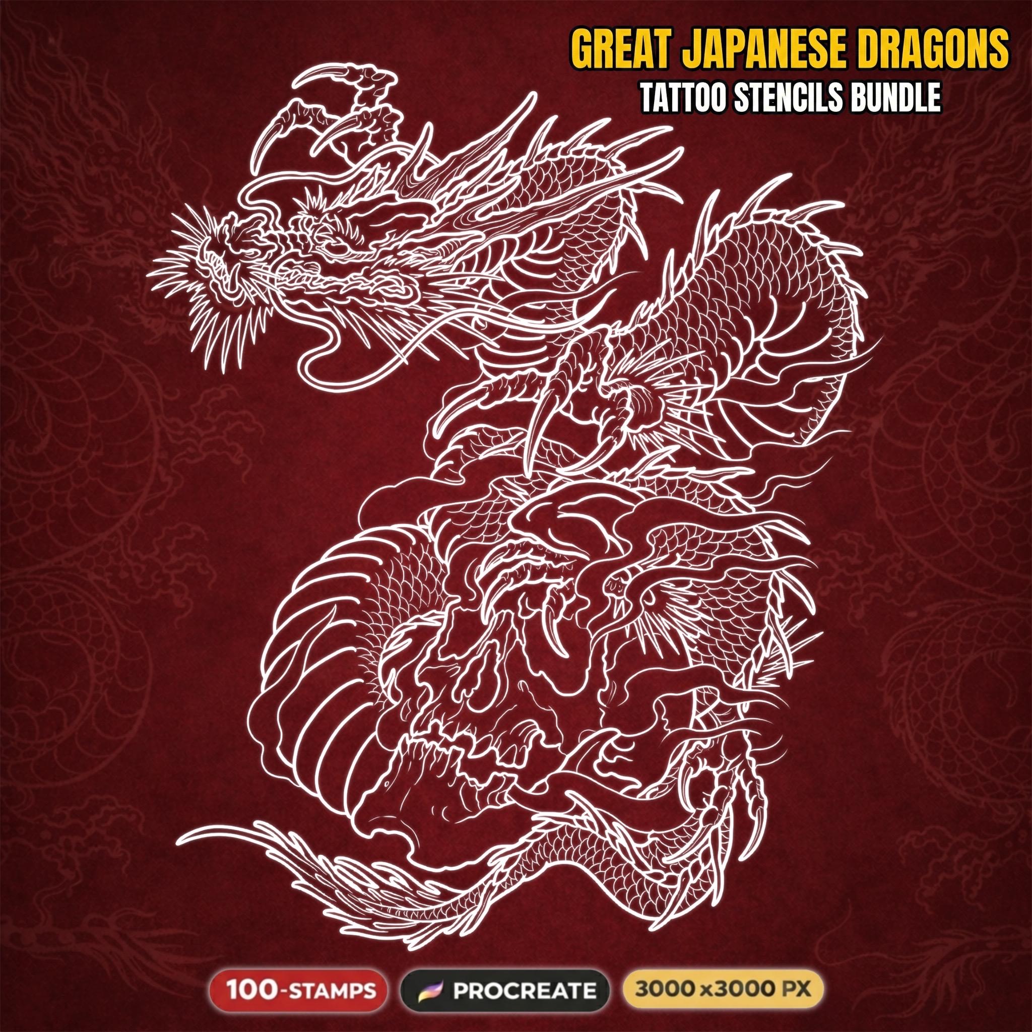 100+ Japanese Dragon Procreate Stamps | Tattoo Stencils Flash Bundle ...
