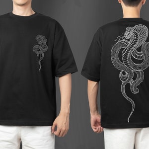 May include: Black t-shirt with a white outline of a snake on the front and a larger white outline of a snake on the back.
