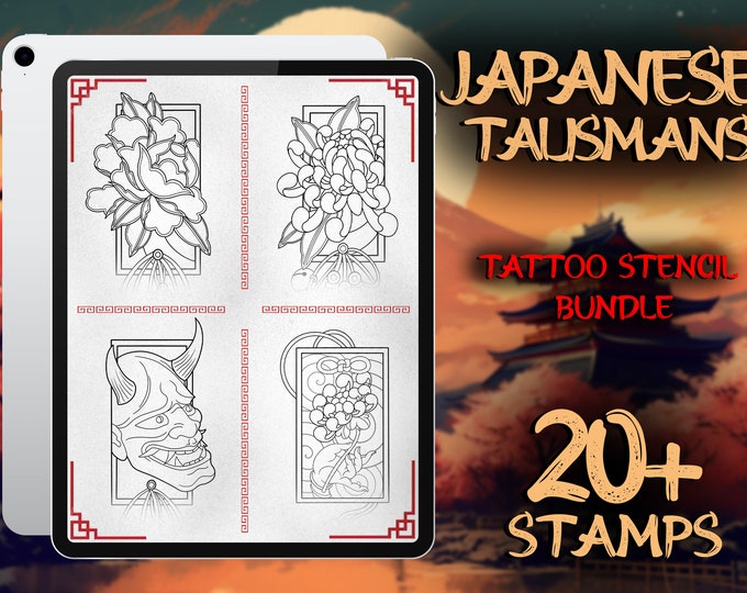 JAPANESE TALISMANS TATTOO Stencils Bundle | 20+ Procreate Stamps for Unique Designs | Tattoo flash | Procreate brush set | Japanese tattoo