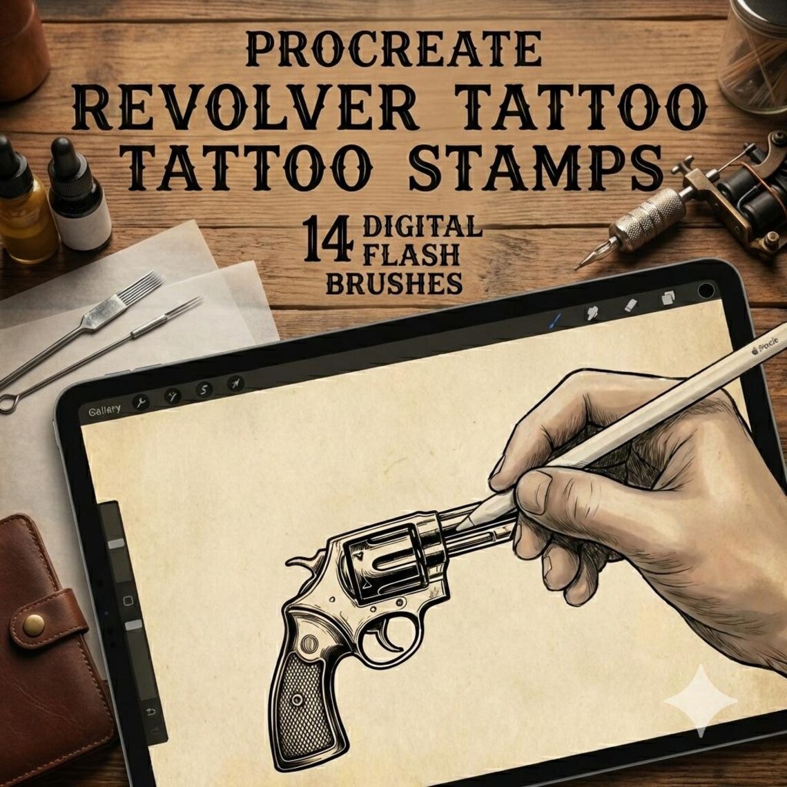 Procreate Revolver Tattoo Stamps – 14 Gun Flash Brushes | Blackwork ...