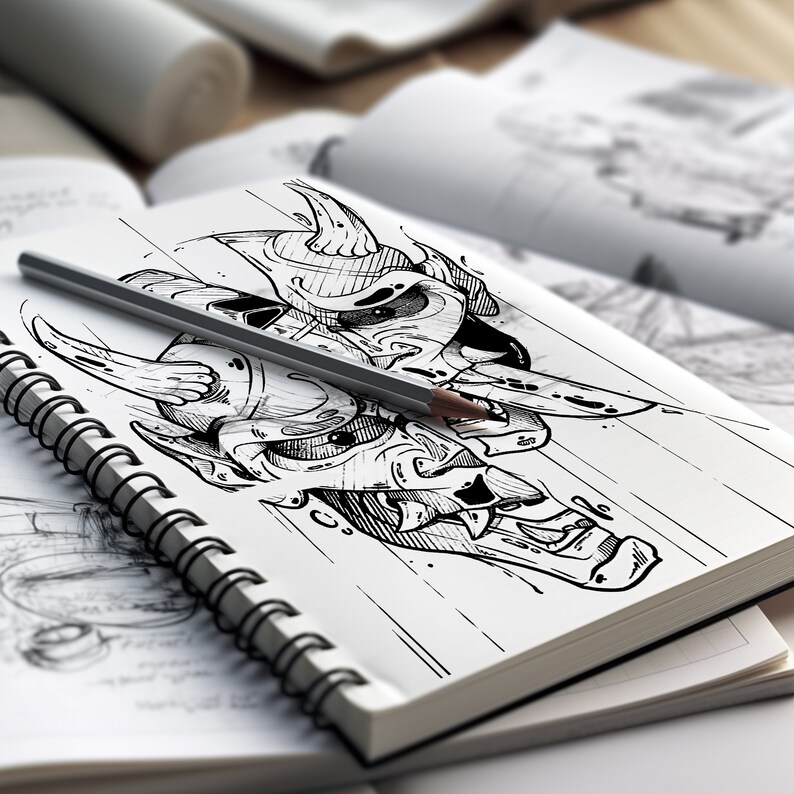 May include: A black and white sketch of a Japanese Oni mask drawn in a sketchbook with a pencil lying on top.