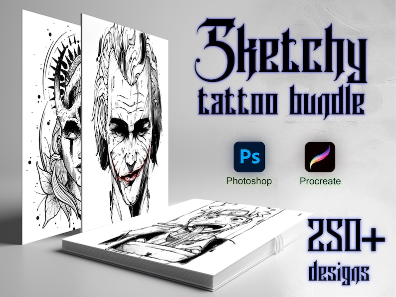 May include: A bundle of 200+ black and white sketchy tattoo designs for Photoshop and Procreate. The designs include a woman with a crown, a man with a Joker-like smile, and a character from a manga.