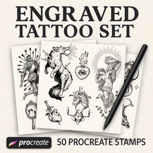 Könnte beinhalten: Ein graviertes Tattoo-Set mit verschiedenen Schwarz-Weiß-Illustrationen, darunter ein Wolf, ein Herz mit einem Auge und ein mit Pfeilen durchbohrtes Skelett. Der Text "ENGRAVED TATTOO SET" und "50 PROCREATE STAMPS" sind zu sehen.