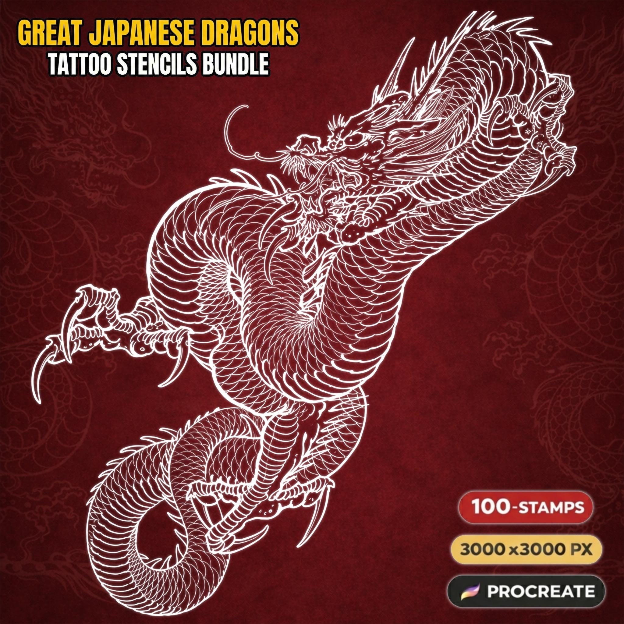 100+ Japanese Dragon Procreate Stamps | Tattoo Stencils Flash Bundle ...