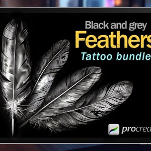 May include: Black and grey feather tattoo bundle for Procreate. The image shows four feathers in a black and white design.