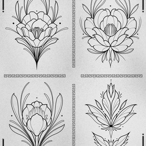 May include: Four black and white line art floral stencil designs. The designs feature stylized flowers with leaves and stems. The text "STENCIL EXAMPLES YOU CAN FIND IN THIS BUNDLE" is at the top of the image.