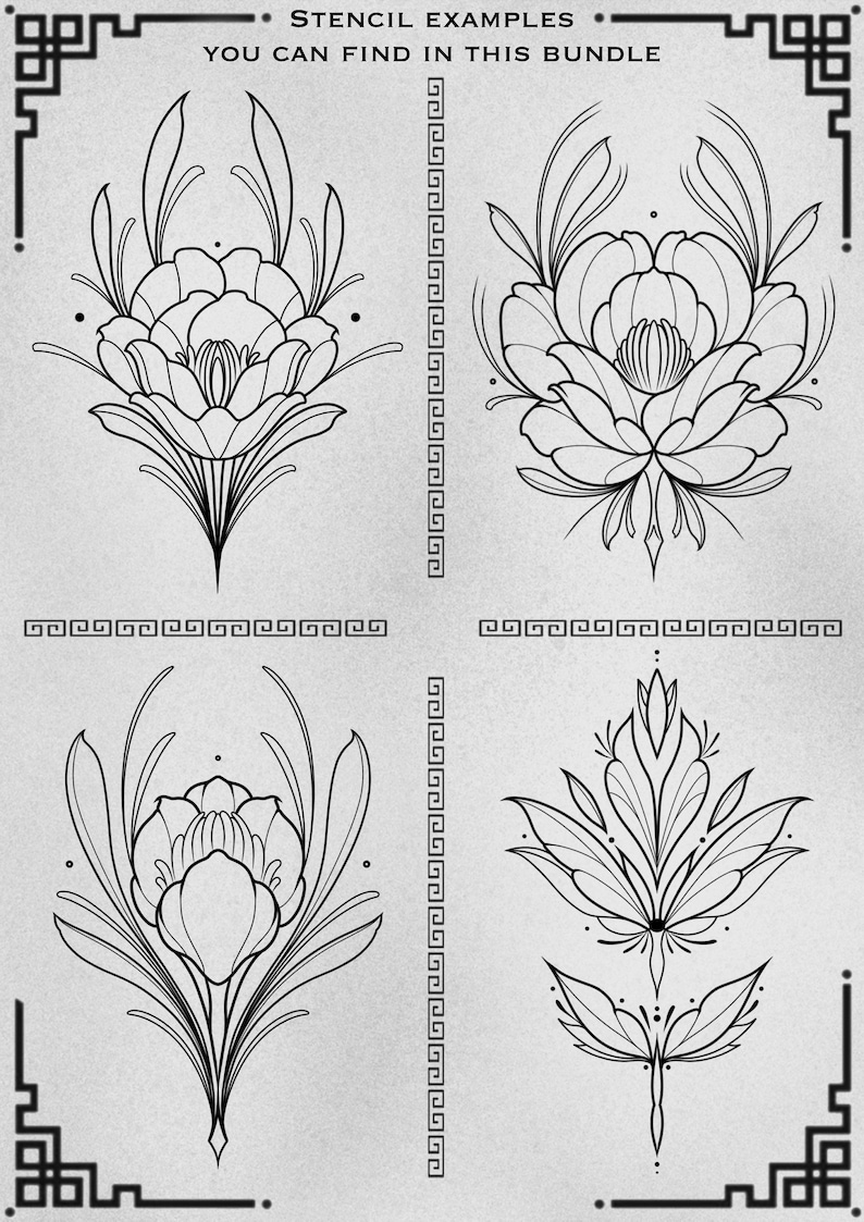 May include: Four black and white line art floral stencil designs. The designs feature stylized flowers with leaves and stems. The text "STENCIL EXAMPLES YOU CAN FIND IN THIS BUNDLE" is at the top of the image.