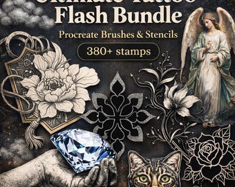 Ultimate Tattoo Flash Bundle for Procreate | 380+ High Res Stamps | Potions, Animals, Peonies & Roses Designs | Digital Tattoo Artist Tool