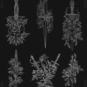 May include: Six black and white line drawings of swords and roses. The swords are in various styles, including a dagger, a sword with a cross guard, and a sword with a curved blade. The roses are in various stages of bloom, with some roses fully open and others still in bud. The drawings are all in a simple, elegant style.