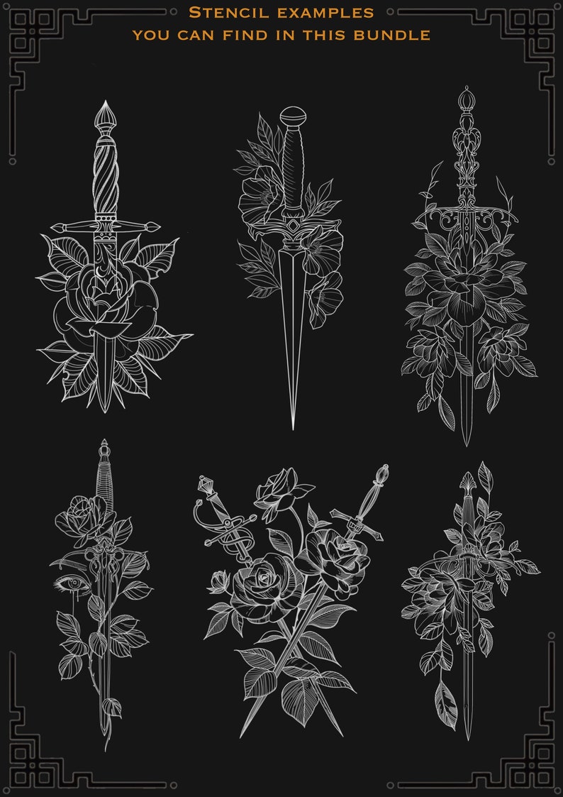 May include: Six black and white line drawings of swords and roses. The swords are in various styles, including a dagger, a sword with a cross guard, and a sword with a curved blade. The roses are in various stages of bloom, with some roses fully open and others still in bud. The drawings are all in a simple, elegant style.