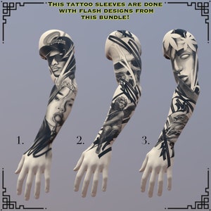 May include: Three black and white tattoo sleeve designs. The first design features a woman with a lollipop, the second design features an angel, and the third design features a skull.