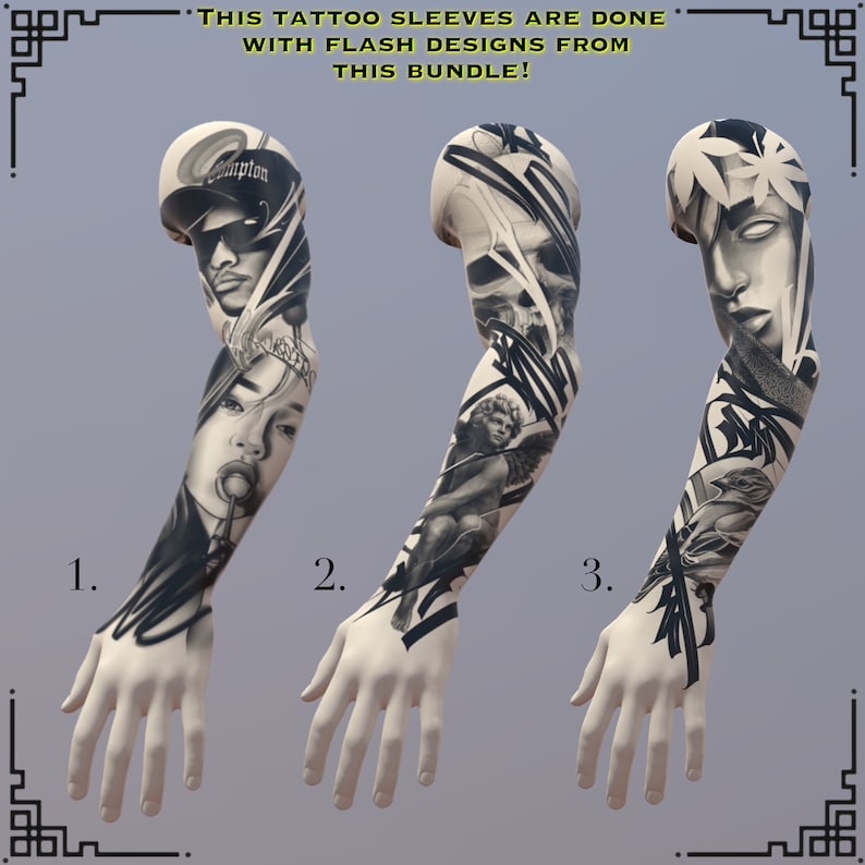 May include: Three black and white tattoo sleeve designs. The first design features a woman with a lollipop, the second design features an angel, and the third design features a skull.