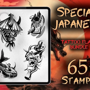 SPECIAL JAPANESE TATTOO Flash Bundle + Bonus Pack| 65+ Unique Procreate Tattoo Stamps