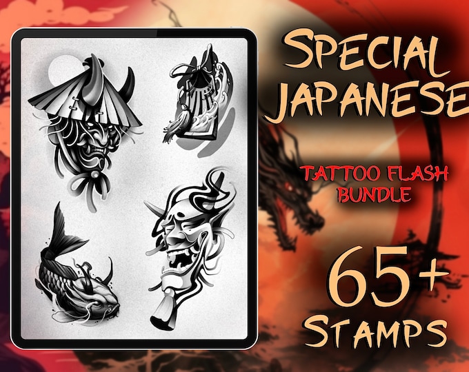SPECIAL JAPANESE TATTOO Flash Bundle + Bonus Pack| 65+ Unique Procreate Tattoo Stamps