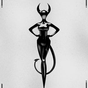 May include: A glossy black illustration of a stylized figure with horns, a tail, and arms akimbo. The figure is centered on a light gray background with decorative corner elements and the text "EXAMPLES YOU CAN FIND IN THIS PACK" at the top.