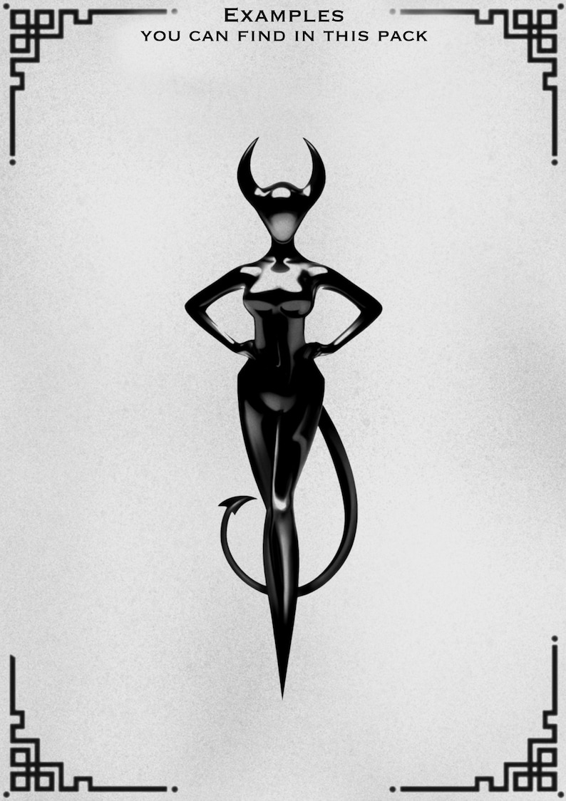 May include: A glossy black illustration of a stylized figure with horns, a tail, and arms akimbo. The figure is centered on a light gray background with decorative corner elements and the text "EXAMPLES YOU CAN FIND IN THIS PACK" at the top.