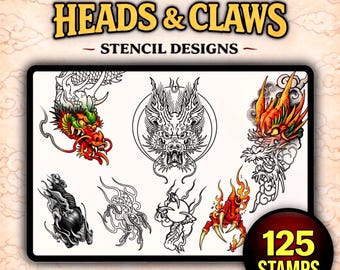 125 Dragon Tattoo Stencil Stamps for Procreate, 90 Heads + 35 Claws, 3000x3000 PNG, Hand Drawn Brushes