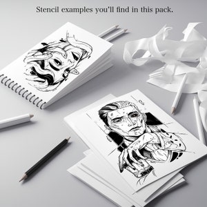 May include: Two black and white illustrations on white paper. The first illustration is of a woman's face with snakes around her head. The second illustration is of a man with a glass in his hand. Both illustrations are on stacks of paper.