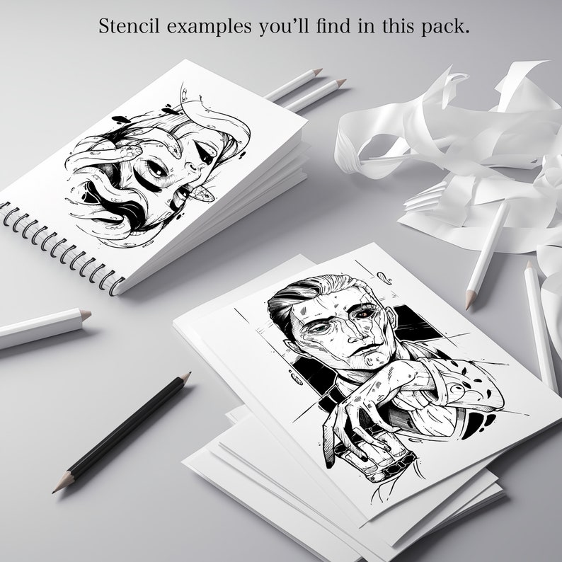 May include: Two black and white illustrations on white paper. The first illustration is of a woman's face with snakes around her head. The second illustration is of a man with a glass in his hand. Both illustrations are on stacks of paper.
