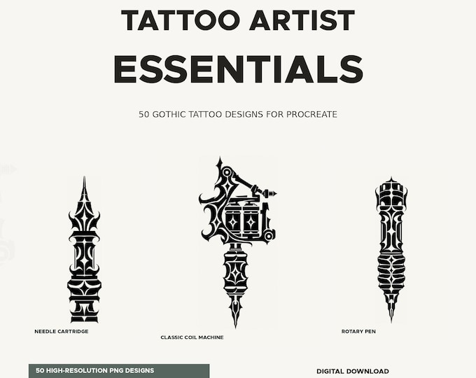 Gothic Tattoo Stamps for Procreate, 50 Ornamental Equipment Brushes, Blackwork Brushset