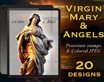 Virgin Mary & Angels Tattoo Designs: Procreate Stamps, JPEG Bundle