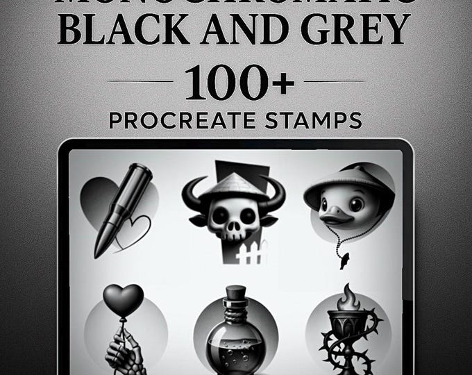 Monochromatic Black & Grey Tattoo Stamps – 100+ Procreate Bundle
