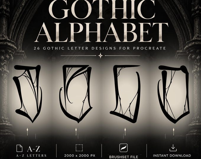 Gothic Lettering Procreate Stamps – Original Blackwork Alphabet Tattoo Brushes (.brushset)