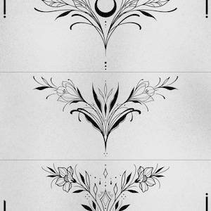 May include: Three black and white line art floral designs. The top design features a crescent moon and leaves. The middle design features two flowers and leaves. The bottom design features two flowers, leaves, and a geometric pattern.