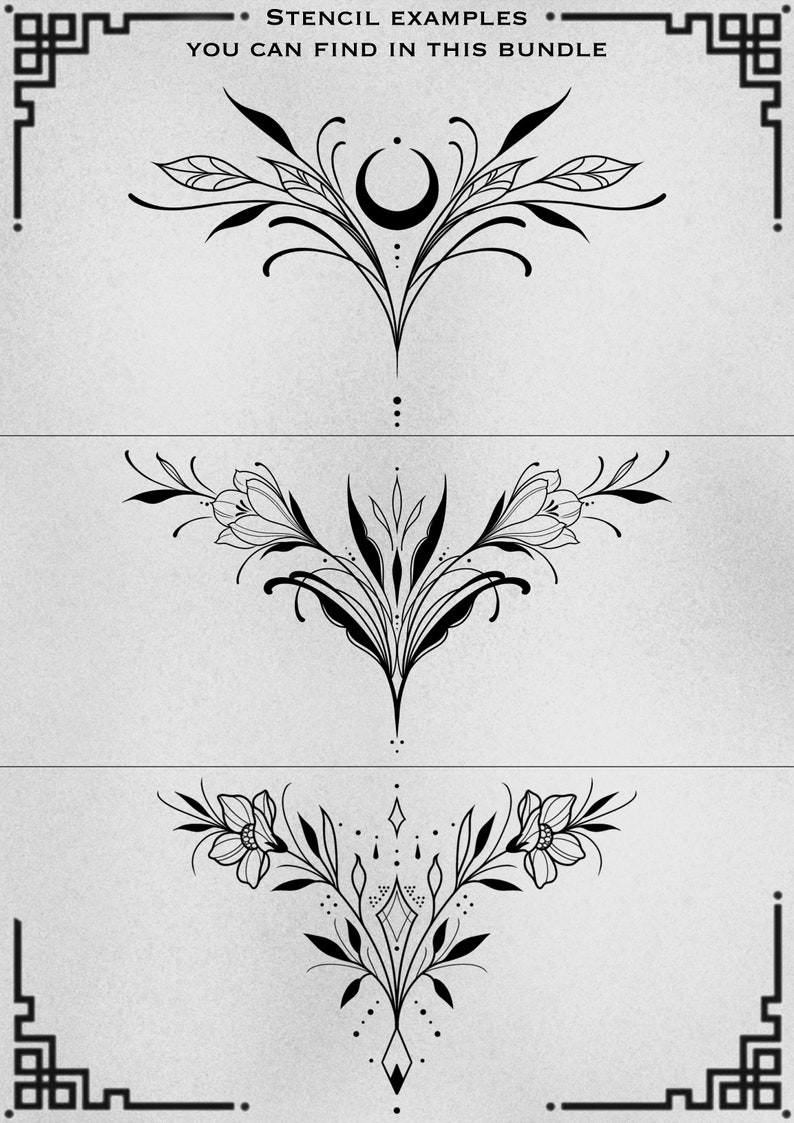 May include: Three black and white line art floral designs. The top design features a crescent moon and leaves. The middle design features two flowers and leaves. The bottom design features two flowers, leaves, and a geometric pattern.