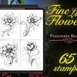 65 Fine Line Flower Tattoo Stamps Bundle | Japanese-Inspired Tattoo Stencils for Procreate | Unique Floral Designs for Fast Tattoo Art