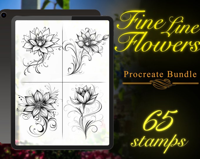 65 Fine Line Flower Tattoo Stamps Bundle | Japanese-Inspired Tattoo Stencils for Procreate | Unique Floral Designs for Fast Tattoo Art