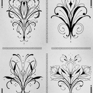 May include: Four black and white stencil examples of intricate floral designs. The designs are symmetrical and feature delicate lines and curves.