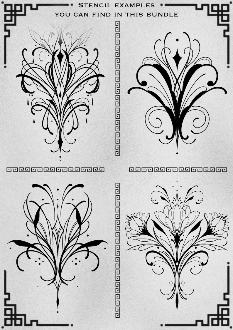 May include: Four black and white stencil examples of intricate floral designs. The designs are symmetrical and feature delicate lines and curves.